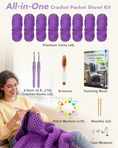 Arborthread Crochet Kit for Beginners, Easy All-Season Pocket Shawl Pureple - Image 6