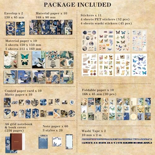 BoomTeck Vintage Aesthetic Scrapbooking Supplies, Bullet Junk Journal Kits with Scrapbook Paper, Washi Stickers, A6 Grid Notebook - DIY Craft Journaling Gift for Teen Girl Adult (Butterfly Garden) - Image 6