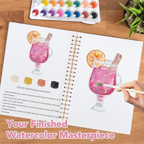 Easy Watercolor Workbook for Beginners - 12 Beautiful Step-by-Step Paintings Water Coloring Book, Includes 16 Colors Paints, Relaxing Art Projects and Creative Gift for Adults & Teen (Cocktails) - Image 6