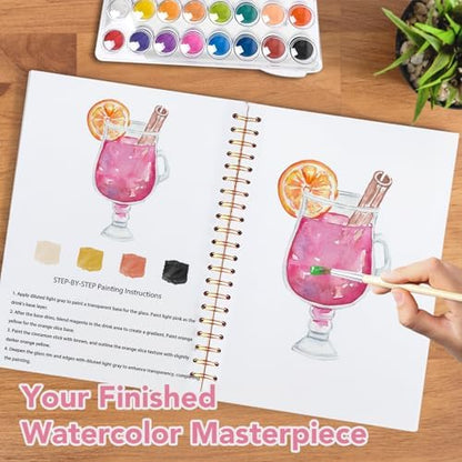 Easy Watercolor Workbook for Beginners - 12 Beautiful Step-by-Step Paintings Water Coloring Book, Includes 16 Colors Paints, Relaxing Art Projects and Creative Gift for Adults & Teen (Cocktails) - Image 6