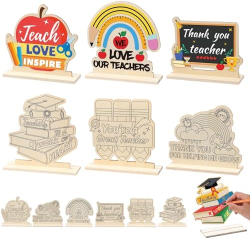 Yuntau 24 Pcs Color Your Own Teacher Appreciation Crafts Bulk Back to School Gifts First Day of School DIY Wooden Desktop Signs to Paint Classroom Crafts Kit for Thank You Teacher by Yuntau