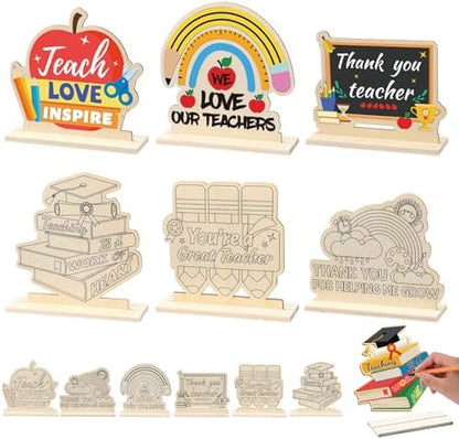 Yuntau 24 Pcs Color Your Own Teacher Appreciation Crafts Bulk Back to School Gifts First Day of School DIY Wooden Desktop Signs to Paint Classroom Crafts Kit for Thank You Teacher by Yuntau