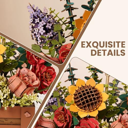 ROBOTIME 3D Wooden Bloom Box Puzzle, Adults' Flower Bouquet Building Set, Artificial Flowers Home Decor, Gift for Wedding/Mother's Day/Birthday, Wood Craft Kit - Image 4