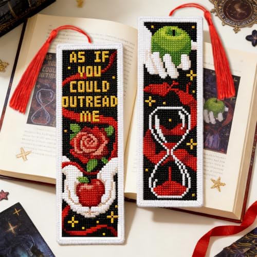 INFUNLY 6 Pack Cross Stitch Bookmark Kits Gothic Wolf Fruit Chess Pattern Embroidery Book Mark with Tassel DIY Counted Cross Stitch Supplies with Threads Needles Scissors for Book Lovers - Image 6