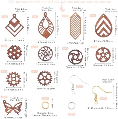 Elecrelive 11 Pairs Wooden Dangle Earring Kits Leaf Rhombus Butterfly Gear Wood Earring Pendants Natural Wooden Charms with Earring Hooks for Jewelry Craft Making - Image 5