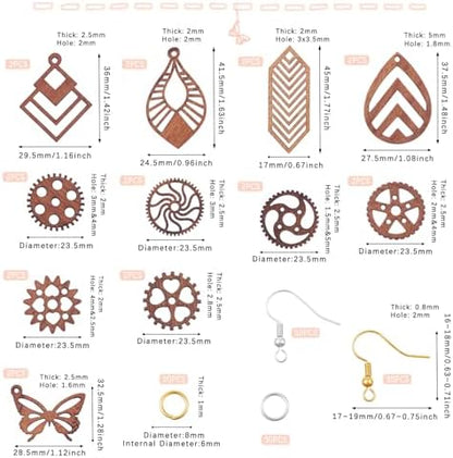Elecrelive 11 Pairs Wooden Dangle Earring Kits Leaf Rhombus Butterfly Gear Wood Earring Pendants Natural Wooden Charms with Earring Hooks for Jewelry Craft Making - Image 5