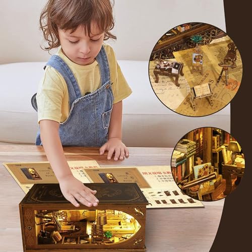 Book Nook Kit, MOJINO DIY Miniature 3D Puzzle Wooden Bookends Doll House with LED Lights for Bookshelf Decor, Tiny Miniverse Model House Art Craft for Adults Gril Halloween Christmas Decoration Gift - Image 6