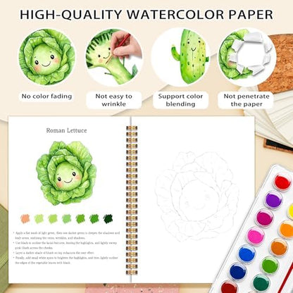 Easy Vegetable Watercolor Workbook for Beginners, Water Coloring Book, 18 Colors Watercolors Paint Set, 12 Patterns Fresh Harvest Watercolor Kit, Relaxing DIY Gift for Adults and Women Teen - Image 3