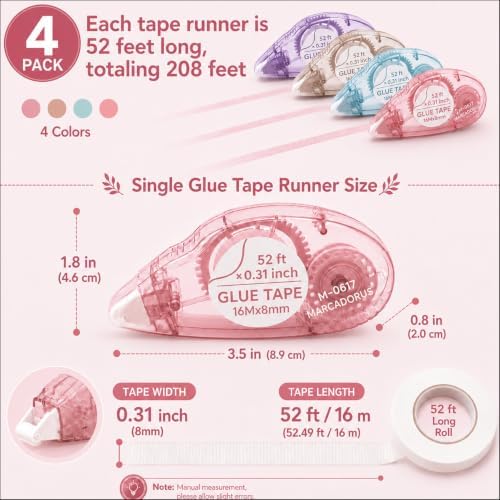 MARCADORUS Glue Tape Roller, Double Sided Tape Scrapbook 4 Pack Extra Long - Image 3