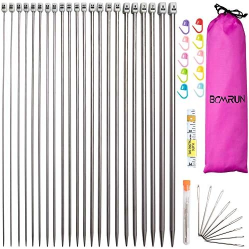 Knitting Needle Set, BCMRUN 22PCS 2mm(B)-8mm(L) Straight Single Pointed Stainless Steel Sweater Needles Set(11Pair-11 Size,9.8 inch) with Locking Stitch Makers Large-Eye Needles Measure Tape (25CM) by BCMRUN