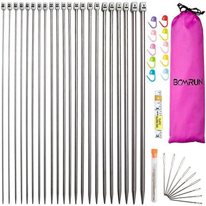Knitting Needle Set, BCMRUN 22PCS 2mm(B)-8mm(L) Straight Single Pointed Stainless Steel Sweater Needles Set(11Pair-11 Size,9.8 inch) with Locking Stitch Makers Large-Eye Needles Measure Tape (25CM) by BCMRUN