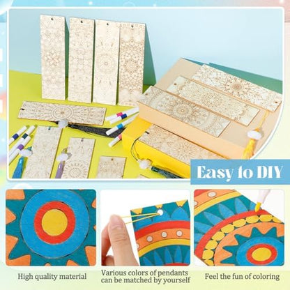 Reallnaive 42 Pcs Wooden Mandala Bookmarks DIY Painting Set Includes 15 Unfinished Blank Bookmarks 15 Tassels 12 Markers, for Mandala Gift Arts Craft Party for Adults Hobby - Image 4