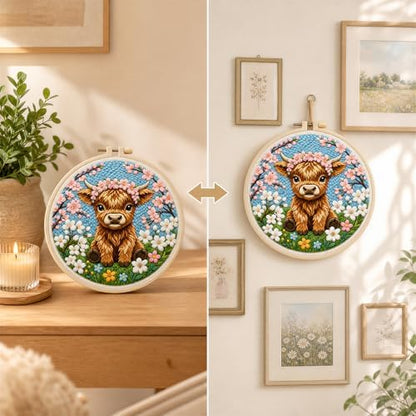 Punch Needle Kits for Beginners,DIY Punch Needle Embroidery with Fabric, Hoops, Yarns and Sewing Needles for Adults Children Festival Gift and Home Decor, 20x20cm (Peach Blossom Highland Cow) - Image 3