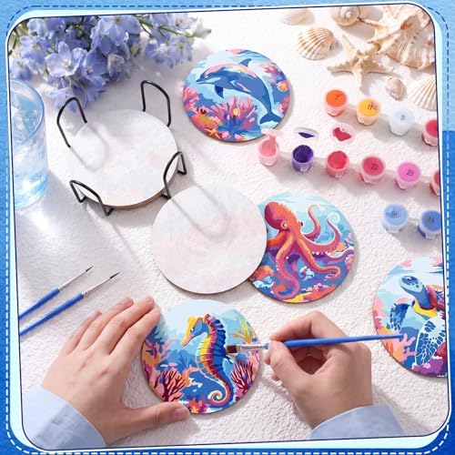 Reallnaive 8 Pcs Ocean Paint by Numbers Kit for Adults Wood Coastal Coaster - Image 2