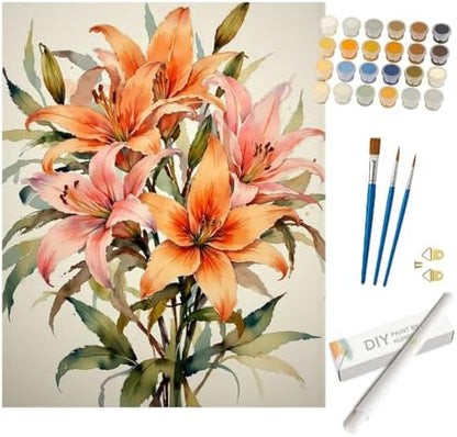Floral Art Paint by Numbers Kit for Adults - DIY Watercolor Orange Lily Bouquet Painting on Rolled Canvas 16x20 Inches, Acrylic Paint Set, Suitable for Beginners, Art for Home Decoration or Gifts by Unknown