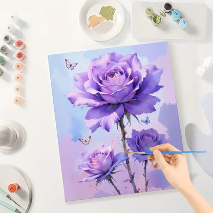 Botanical Paint by Numbers Kit for Adults - DIY Purple Rose Flowers with Butterflies Painting on Canvas, Acrylic Paint Set, Suitable for Beginners, Art for Home Decoration or Gifts(12X16IN Framed) - Image 3