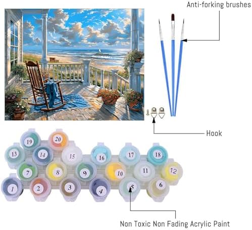 Clendo Landscape Paint by Numbers Kit for Adults Beginners, Beach Adult Paint by Numbers on Canvas, Acrylic Painting Crafts for Home Decor (16x20inch) - Image 3