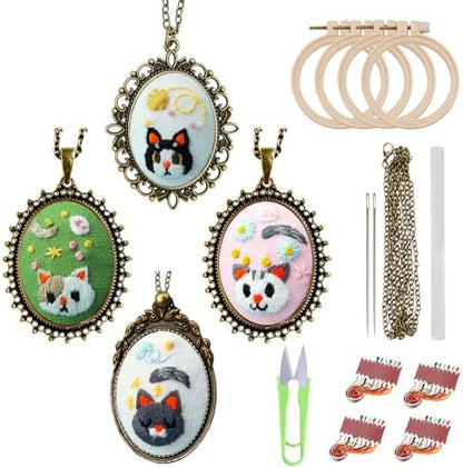 ZOCONE New 4 Packs Embroidery Necklace Kits, Embroidery Pendant Kit Mini Cross Stitch Kit with Hoop, Necklace, Pendant, Stamped Pattern Cloth, Instructions, etc., Embroidery Kits for Adults by ZOCONE