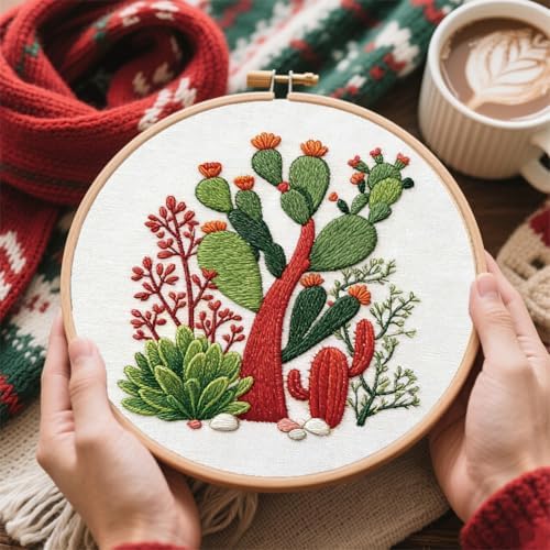 FREEBLOSS 6 Sets Embroidery Kit for Beginners Needlepoint Embroidery Starter Kit with Cactus Stamped Patterns, Instructions, Colored Threads, 2 Hoops 11.6"/29.5cm - Image 6