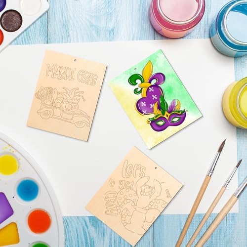 COCHIE 10 Pieces Large Mardi Gras Unfinished Wood Crafts to Paint for Adults, Bulk Predrilled Wooden Ornaments for Painting, Butterflies Paintable Wood Slices Craft Supplies with Ropes - Image 7