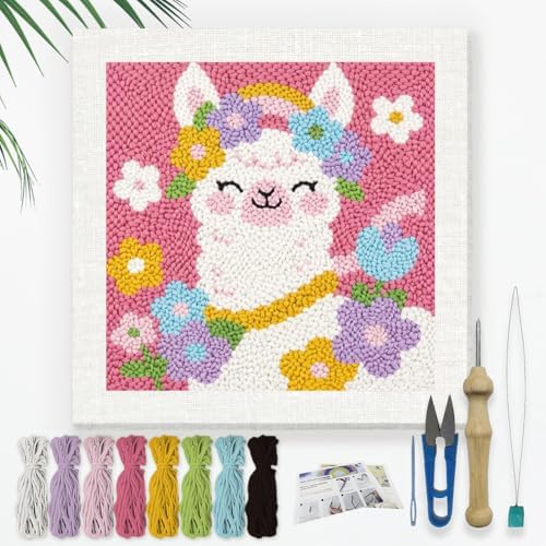 DOODLREAM Flower Alpaca Needle Kit for Beginner, 9.4"x 9.4" Cute Animal Punch Stitching Craft Set, DIY Embroidery Starter with Printed Frame, Instruction, Threader, Yarn, Pinch Needle by Doodlream