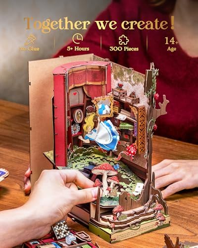 Rolife Book Nook Kit Fall into Wonder 3D Wooden Puzzles 9.9" Wonderland Booknooks DIY Miniature Kit with LEDs Fairy Tale Bookshelf Decor Craft for Adults Gift for Mom Women Men - Image 5