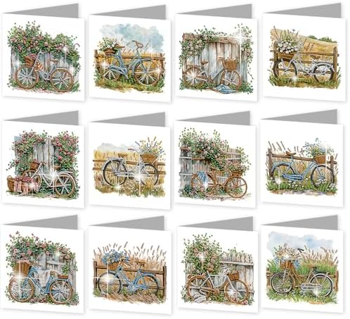 12 Pack Diamond Painting Greeting Cards Kit with Envelopes, 5D DIY Vintage Bicycle Flower Diamond Art Cards, Birthday Thank You Get Well Cards for Women Adults Beginners by POETRYDRAW