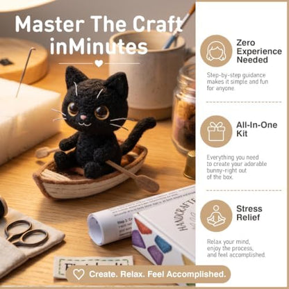 DIY Needle Felting Kit Black Cat in Rowing Boat – Needle Felting Starter Kit with Fiber Roving, Needles, Felting Pad & Instructions | Felted Cat Kit for Beginners Adults | Unique DIY Craft Gift - Image 3