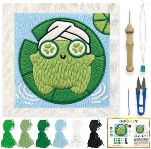 INFUNLY Fun Frog Punch Needle Kit for Adults Lotus Leaf Punch Needle Embroidery Kits for Beginners 9.4×9.4inch DIY Punch-Stitching Kit with Instruction Threader Needles Square Frame for Wall Decor by INFUNLY