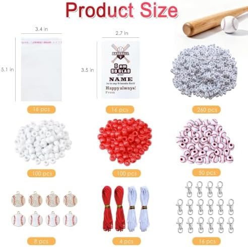 Tuhangcc 500 Pcs Baseball DIY Keychain Making Kit, Adjustable Letter Alphabet Beads Strings,8 Charm 16 Cards with Lobster Clasps & Strings for Sport Theme Party Favor Gift (Baseball) - Image 3