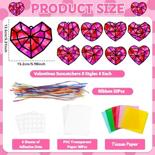 32 Sets Heart Suncatchers Craft Kit for Valentine's Day DIY Window Stained Glass Paper Pink Love Home School Classroom Decor Valentines Art Craft Creative Activity Project Kid Christmas Gift Favor - Image 2