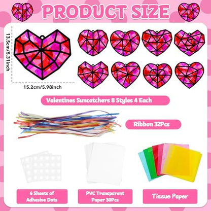 32 Sets Heart Suncatchers Craft Kit for Valentine's Day DIY Window Stained Glass Paper Pink Love Home School Classroom Decor Valentines Art Craft Creative Activity Project Kid Christmas Gift Favor - Image 2