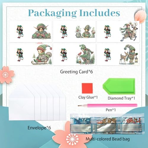 antor 6 Pack 5D Diamond Painting Christmas Cards, Cute Green Hat Elf DIY Diamond Art Cards with Envelopes, Handmade Rhinestone St. Patrick's Day Greeting Card Set for Adults - Image 3