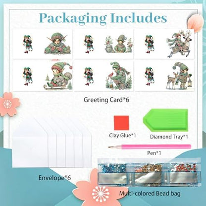 antor 6 Pack 5D Diamond Painting Christmas Cards, Cute Green Hat Elf DIY Diamond Art Cards with Envelopes, Handmade Rhinestone St. Patrick's Day Greeting Card Set for Adults - Image 3