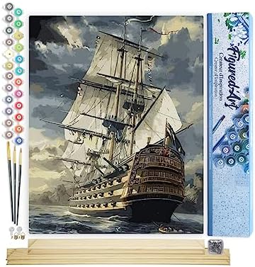 Figured'Art Paint by Numbers Kit for Adults Ocean Galleon 16"x20" - Craft Art Painting Rolled Canvas with DIY Wooden Frame by FiguredArt