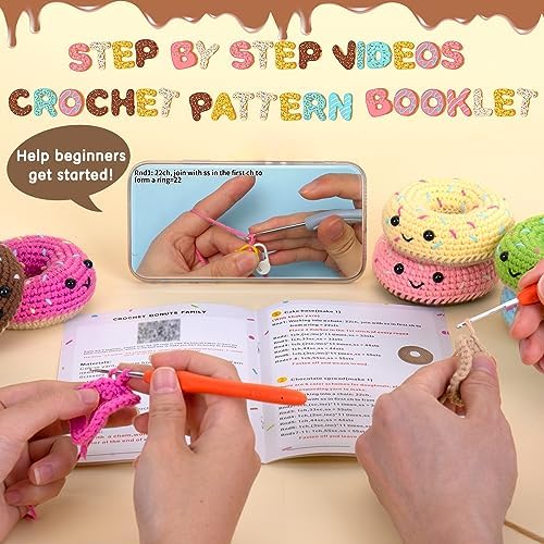 Crochet Kit for Beginners, Beginner Crochet Starter Kit w Step-by-Step Video Tutorials, Learn to Crochet Kits for Adults & Kids, DIY Knitting Supplies, 6-Pack Donut Family(40%+ Yarn Content) - Image 2