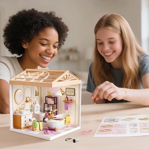 Cozy Bathroom DIY Miniature House Kit for Adults, 3D Dollhouse with LED Light & Dustproof Door, Stackable Connectable Display Case, Creative Gift for Self-Care Lovers Teens Women - Image 5