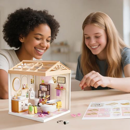 Cozy Bathroom DIY Miniature House Kit for Adults, 3D Dollhouse with LED Light & Dustproof Door, Stackable Connectable Display Case, Creative Gift for Self-Care Lovers Teens Women - Image 5