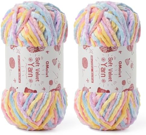 2x100g Fluffy Velvet Chenille Yarn for Crocheting and Knitting, 80m (87.5yd) Baby Yarn for Crocheting Soft, Crochet Chunky Yarns Amigurumi Yarns (2 Macaron) by OMoiut