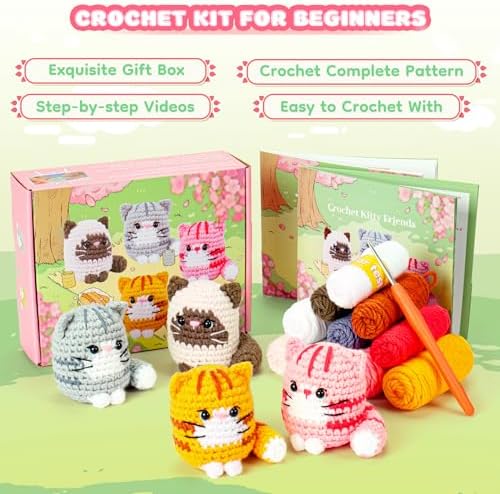 Crochet Kit for Beginners -4 PCS Cat Crochet Kit with Step-by-Step Video Tutorials, Learn to Crochet Kits for Adults, Beginner Crochet Kits for Adults, Animals Cat Crafts Knitting Kit Galentines Gifts - Image 4