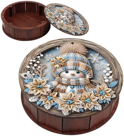 antor Diamond Painting Storage Box, Snowman DIY 5D Special Shape Diamond Art Wooden Organizer, Winter Christmas Round Diamond Tabletop Ornament for Adults Beginners, Home Office Decor Crafts Gift by antor