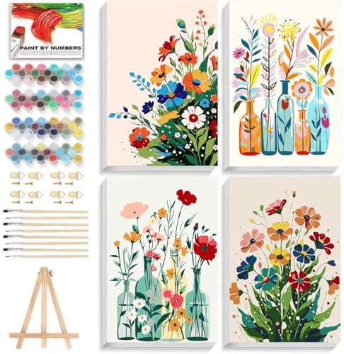 ICYANART 4 Paint by Numbers Kit for Adults Flowers, with Frame and Easel by Unknown