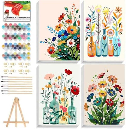 ICYANART 4 Paint by Numbers Kit for Adults Flowers, with Frame and Easel by Unknown