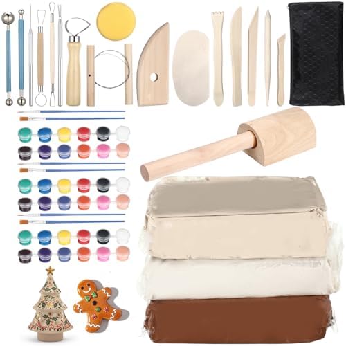 25 Pcs Air-Dry 3 Colors Clay Pottery Kit for Beginners Includes 3.31 lb Dry Clay for Adults Air Pottery Tools, Paints, Brushes Modeling DIY Kit for Christmas by Lanties