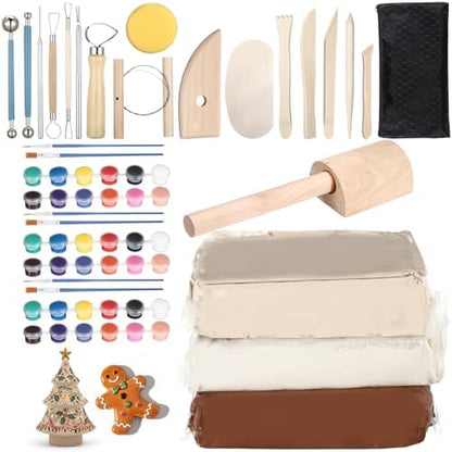 25 Pcs Air-Dry 3 Colors Clay Pottery Kit for Beginners Includes 3.31 lb Dry Clay for Adults Air Pottery Tools, Paints, Brushes Modeling DIY Kit for Christmas by Lanties