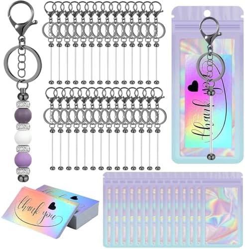 42/84/126 Pcs Beadable Keychain Bars Bulk Blank DIY Beaded Keychain Making Supplies with Bag Thank You Card by Unknown