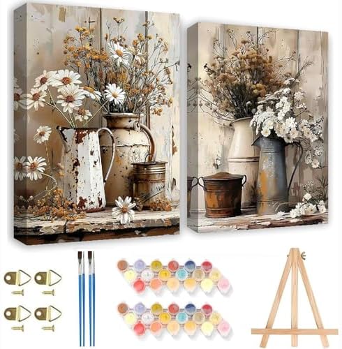 2Pack Flowers Paint by Numbers Kit for Adults Beginners, Floral in Tin Cans Adults Paint by Number Kits with framed-Wood Easel, DIY Acrylic Oil Painting by Numbers Crafts for Home Wall Decor 8X12 Inch by Fotasmua