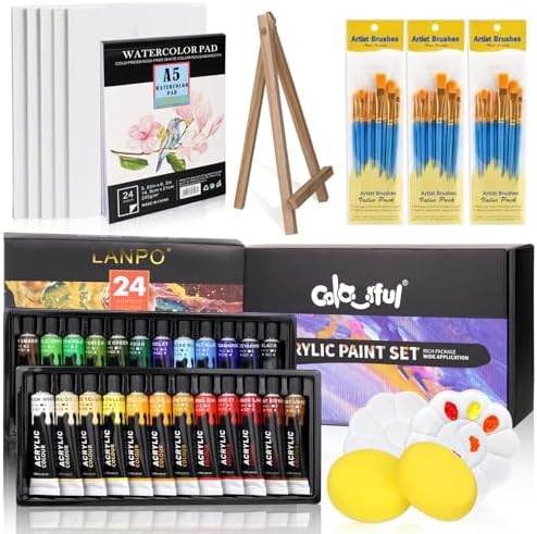 Colorful Acrylic Painting Kit, 24 Colors Paint Set with Brushes & Easel by colorful