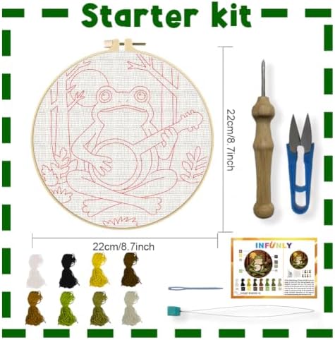 INFUNLY Forest Frog Punch Needle Kits 8.27 Inch Round Frog Playing Banjo Needle Punch Craft Kit with Hoop Tools Yarns Instruction for Folk Music Lovers DIY Home Decor - Image 2