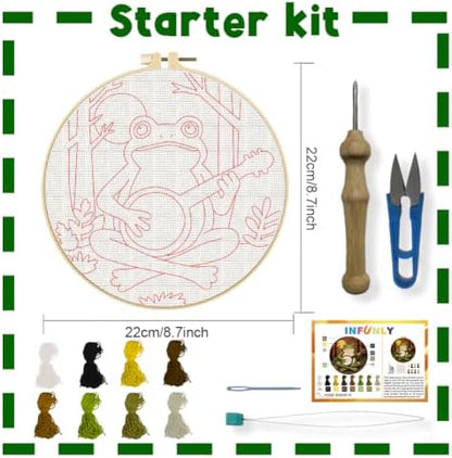 INFUNLY Forest Frog Punch Needle Kits 8.27 Inch Round Frog Playing Banjo Needle Punch Craft Kit with Hoop Tools Yarns Instruction for Folk Music Lovers DIY Home Decor - Image 2